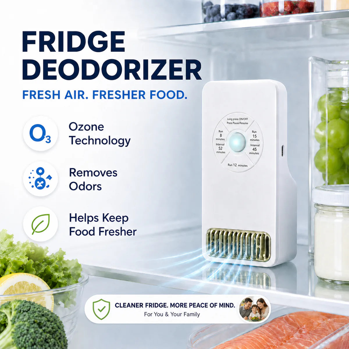 Smart O₃ Fridge Deodorizer & Odor Purifier  Targets Odor-Causing Bacteria at the Source