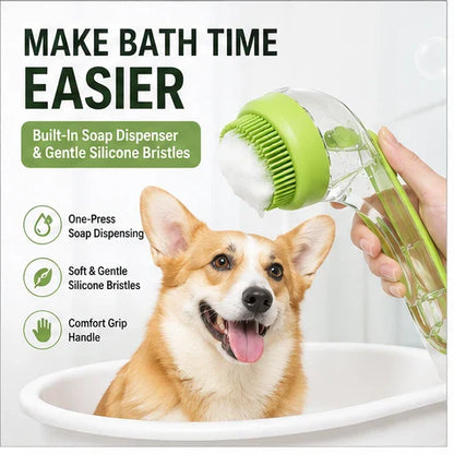 🏉One-Press Pet Bath Brush with Built-In Soap Dispenser – Soft Silicone Bristles for Dogs & Cats