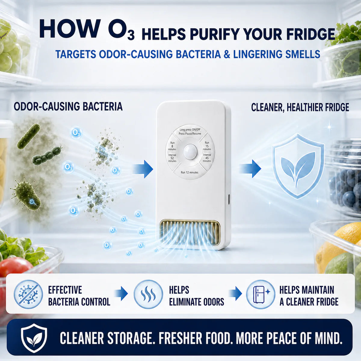 Smart O₃ Fridge Deodorizer & Odor Purifier  Targets Odor-Causing Bacteria at the Source