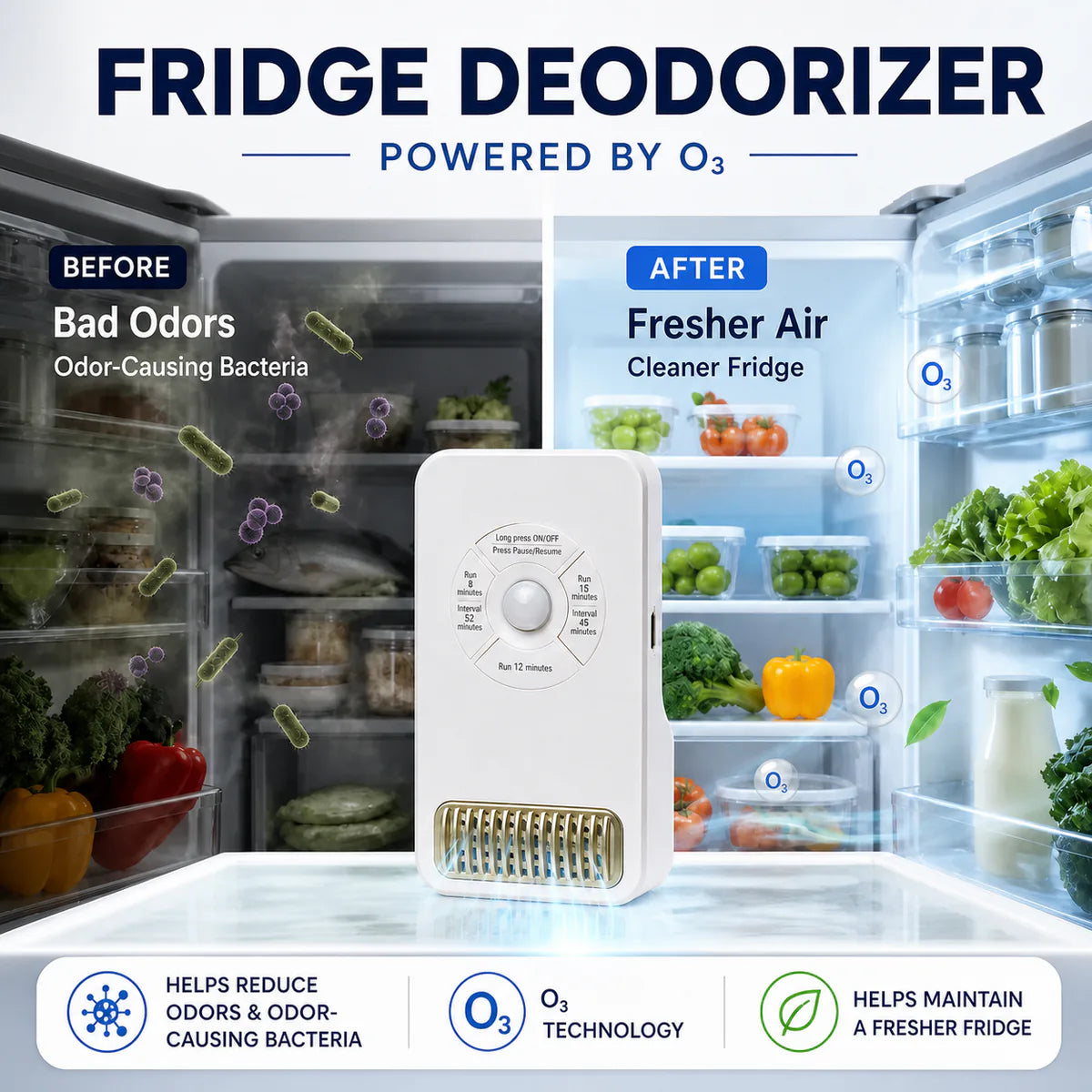 Smart O₃ Fridge Deodorizer & Odor Purifier  Targets Odor-Causing Bacteria at the Source