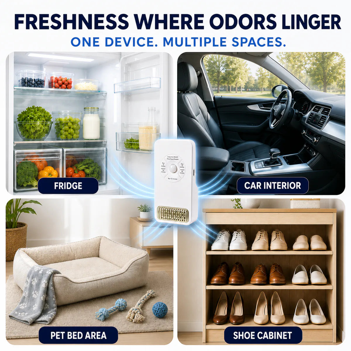Smart O₃ Fridge Deodorizer & Odor Purifier  Targets Odor-Causing Bacteria at the Source