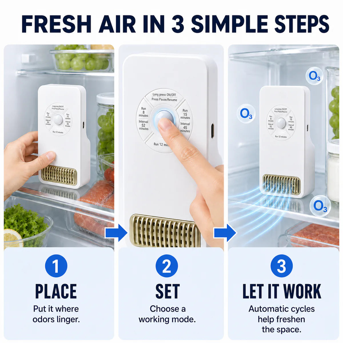 Smart O₃ Fridge Deodorizer & Odor Purifier  Targets Odor-Causing Bacteria at the Source