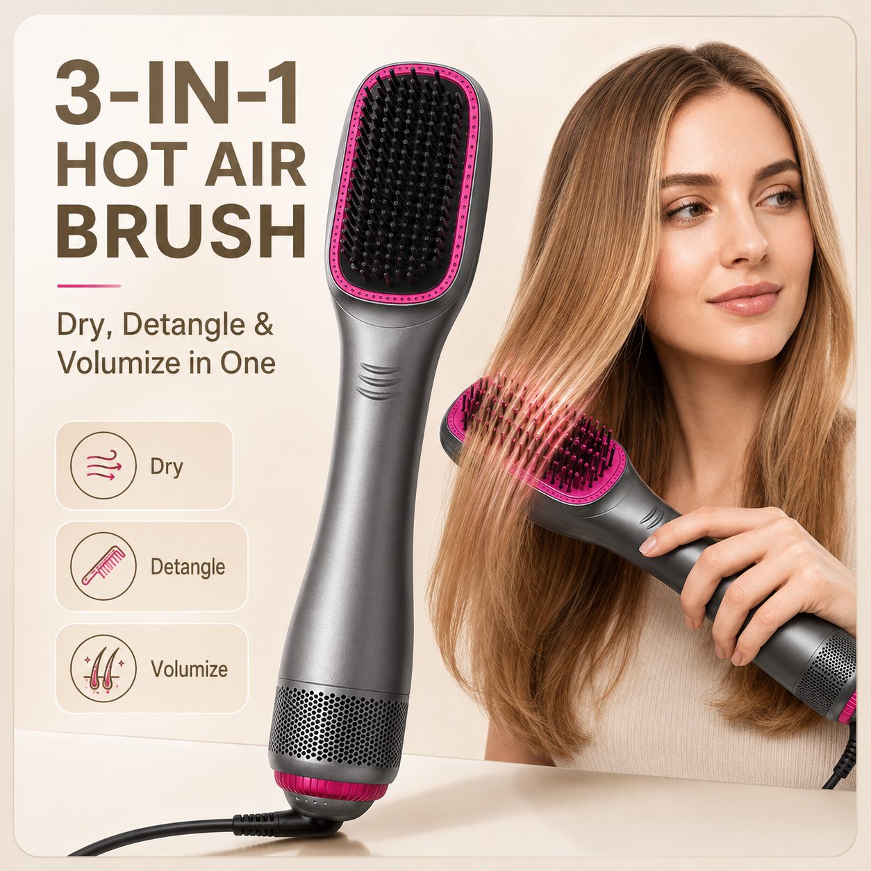 🔥3-in-1 Hot Air Brush – Dry, Detangle & Volumize | UK 3-Pin Plug, 220–240V🦄 💕💕💕