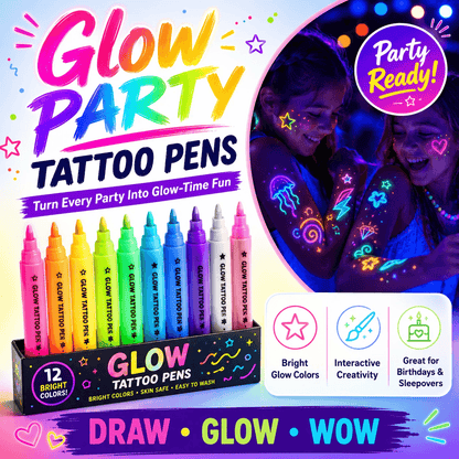 ⭐Glow Party Tattoo Pens – Skin-Safe Ink UV Light Up Markers for Kids