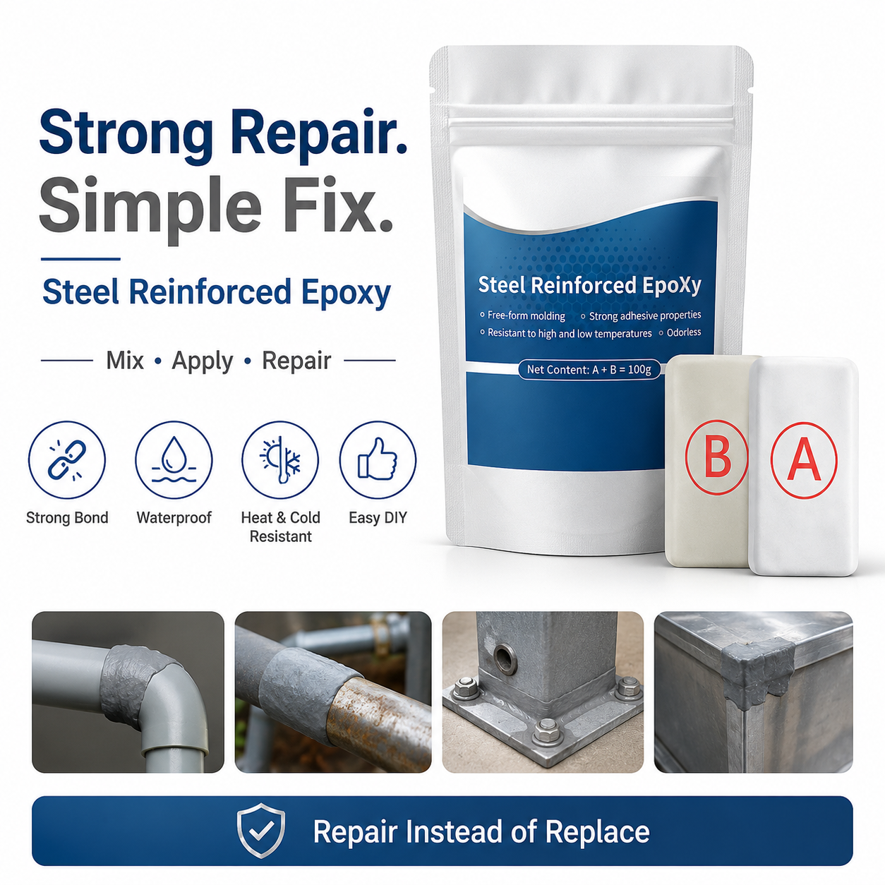 🏉Steel Reinforced Epoxy Putty - Permanent Repair for Metal, Wood & Concrete - The repair kit every home needs