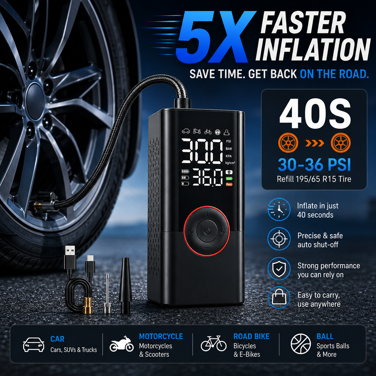 🚗Portable Tire Inflator – Fast Air Pump for Car, Bike, Motorcycle & Sports Balls💕💕💕