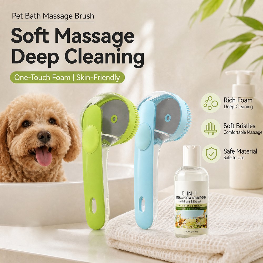 🏉One-Press Pet Bath Brush with Built-In Soap Dispenser – Soft Silicone Bristles for Dogs & Cats
