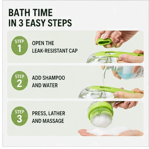 🏉One-Press Pet Bath Brush with Built-In Soap Dispenser – Soft Silicone Bristles for Dogs & Cats