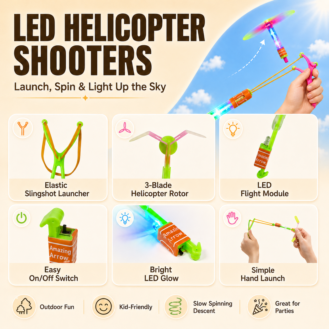 🦄LED Helicopter Slingshot Toy – Easy to Launch, Fun to Light Up the Sky