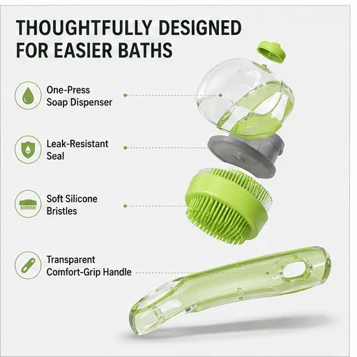 🏉One-Press Pet Bath Brush with Built-In Soap Dispenser – Soft Silicone Bristles for Dogs & Cats