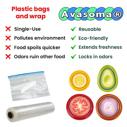 Avasoma®| Set of 4 Reusable Fruit and Veggie Savers - Ideal for Avocados, Tomatoes, Apples, Garlic, Onions, and More🏉 -up