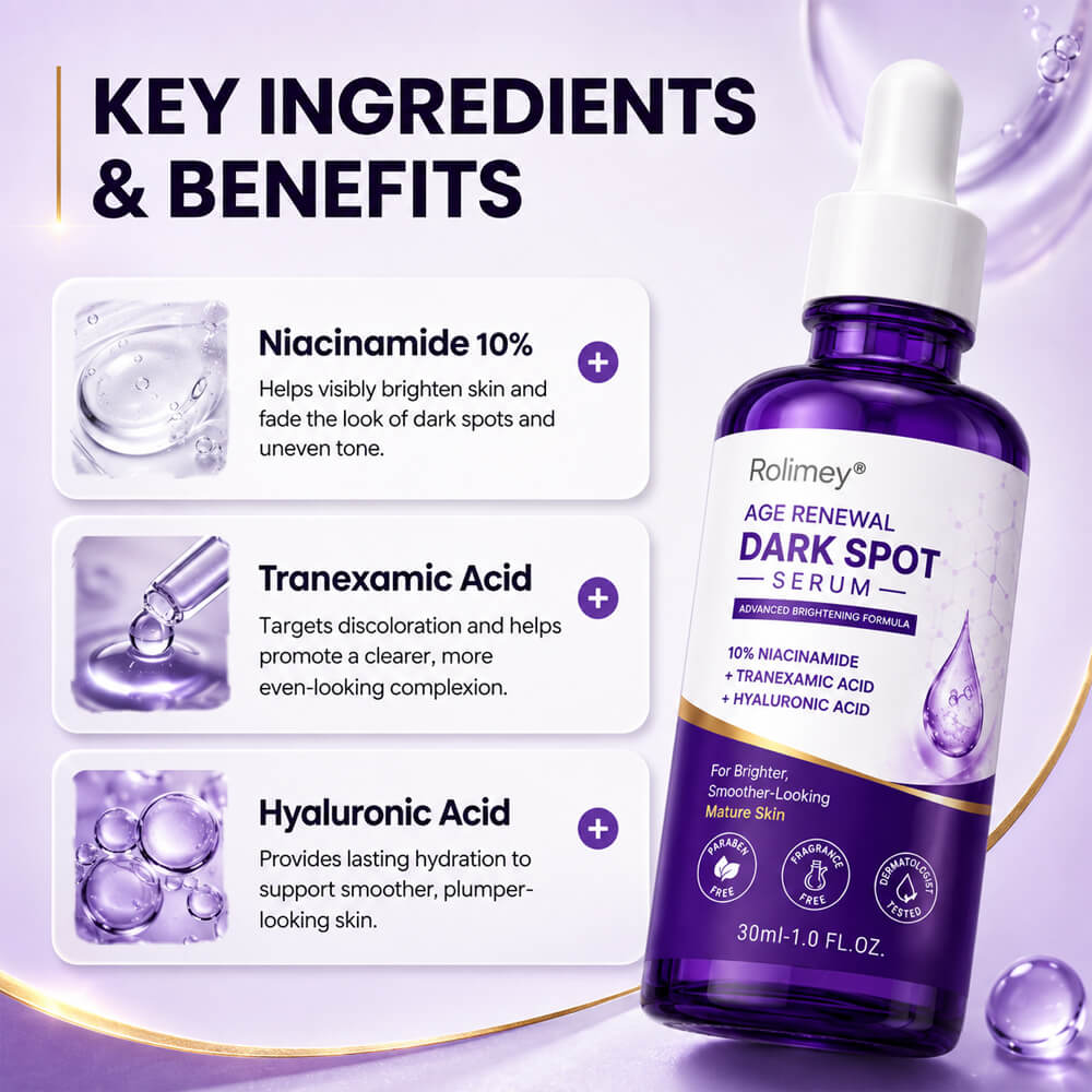 🏉✅Rolimey® Age Renewal Dark Spot Serum — Infused with 10% Niacinamide, Tranexamic Acid & Hyaluronic Acid for Brighter, Smoother-Looking Mature Skin