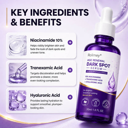 🏉✅Rolimey® Age Renewal Dark Spot Serum — Infused with 10% Niacinamide, Tranexamic Acid & Hyaluronic Acid for Brighter, Smoother-Looking Mature Skin