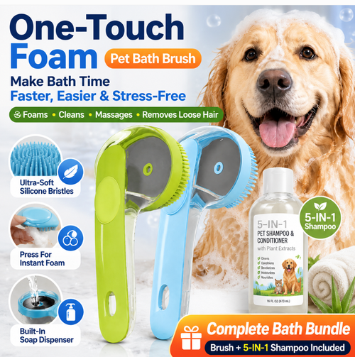 🏉One-Press Pet Bath Brush with Built-In Soap Dispenser – Soft Silicone Bristles for Dogs & Cats