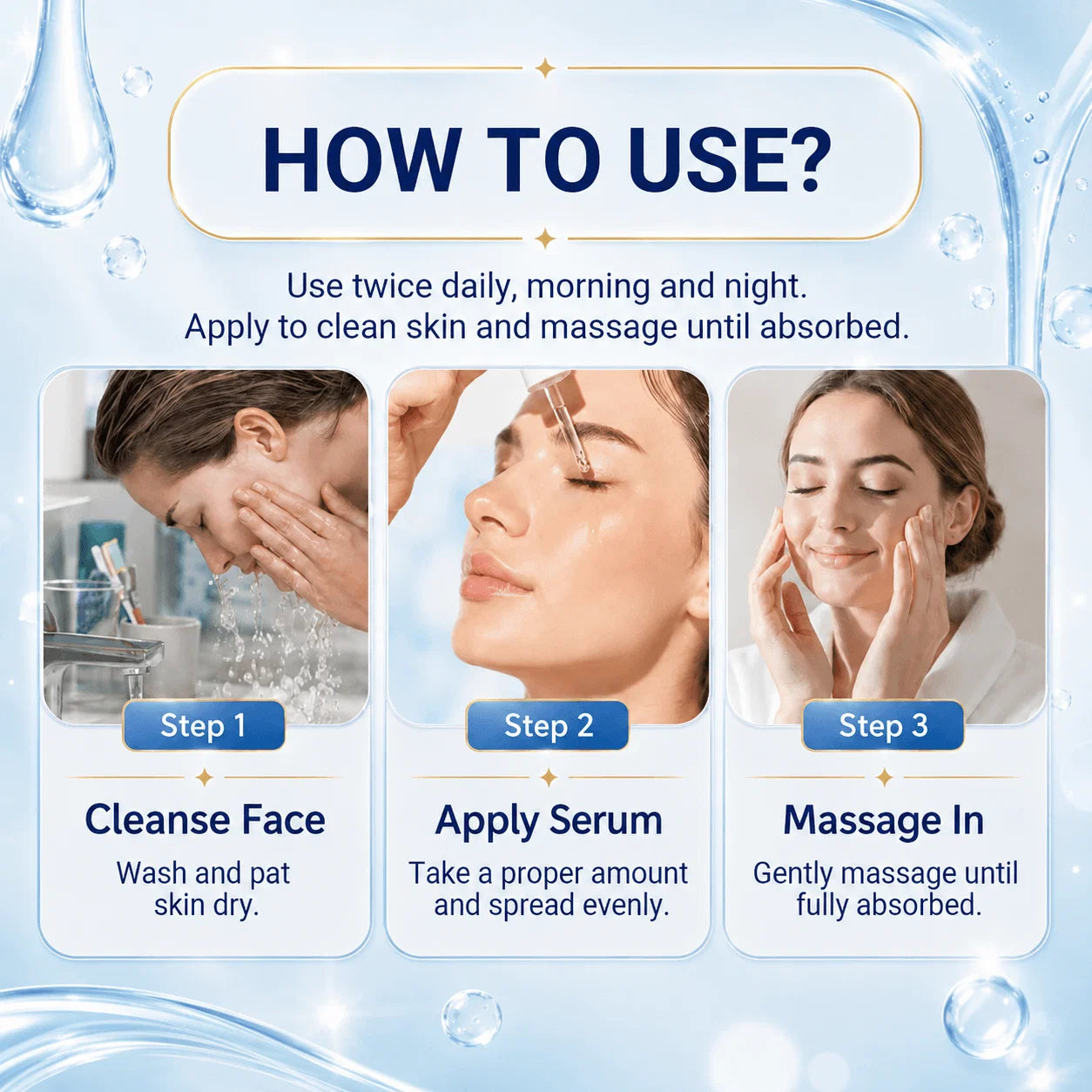 Three-step guide for applying the serum