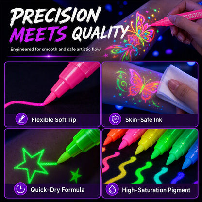⭐Glow Party Tattoo Pens – Skin-Safe Ink UV Light Up Markers for Kids