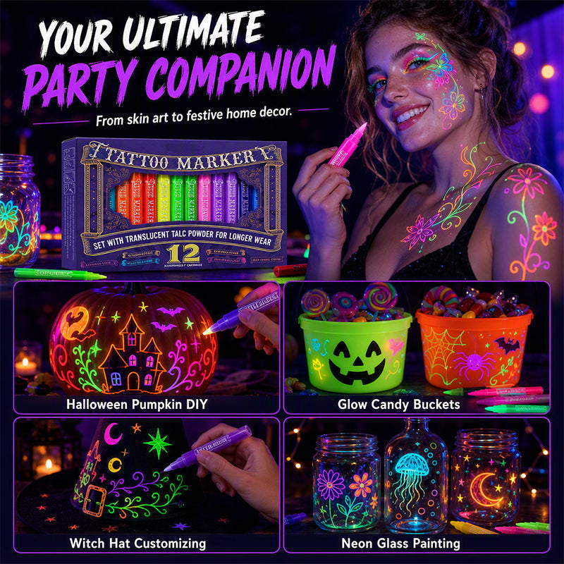 ⭐Glow Party Tattoo Pens – Skin-Safe Ink UV Light Up Markers for Kids