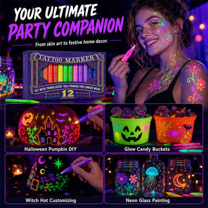 ⭐Glow Party Tattoo Pens – Skin-Safe Ink UV Light Up Markers for Kids
