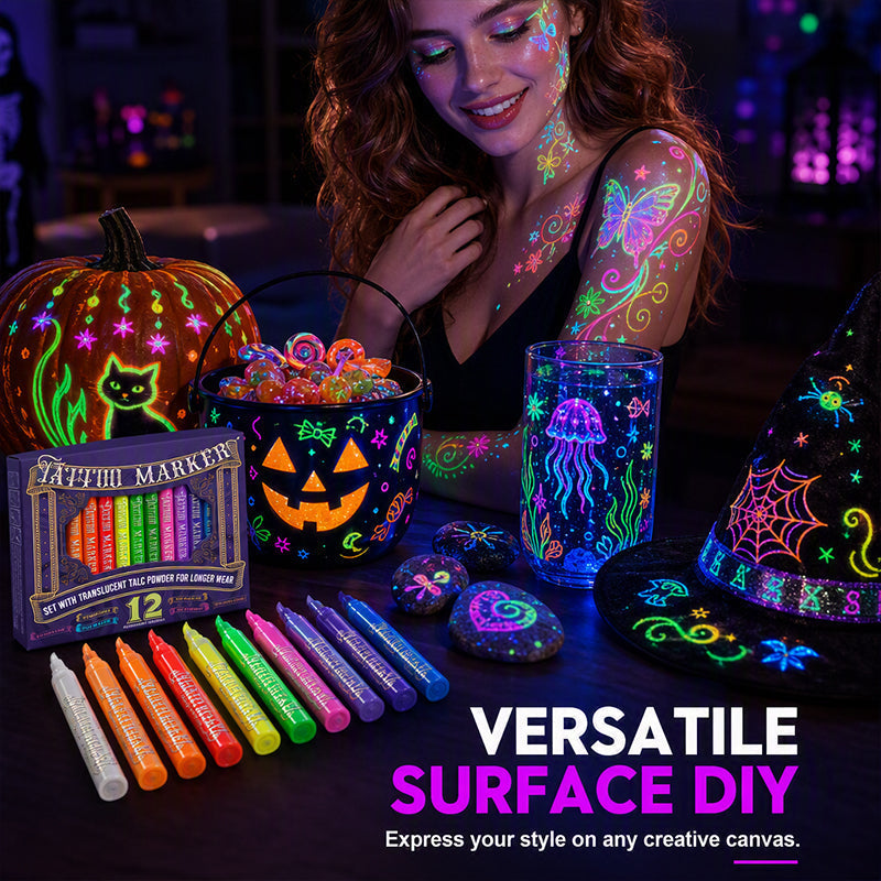 ⭐Glow Party Tattoo Pens – Skin-Safe Ink UV Light Up Markers for Kids