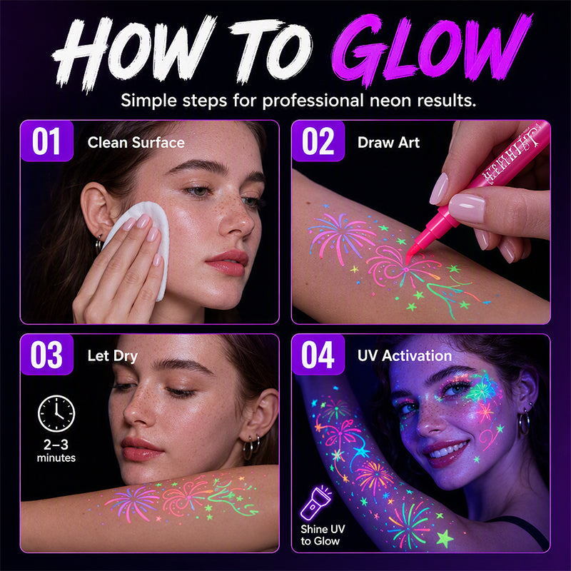 ⭐Glow Party Tattoo Pens – Skin-Safe Ink UV Light Up Markers for Kids