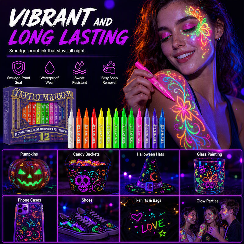 ⭐Glow Party Tattoo Pens – Skin-Safe Ink UV Light Up Markers for Kids